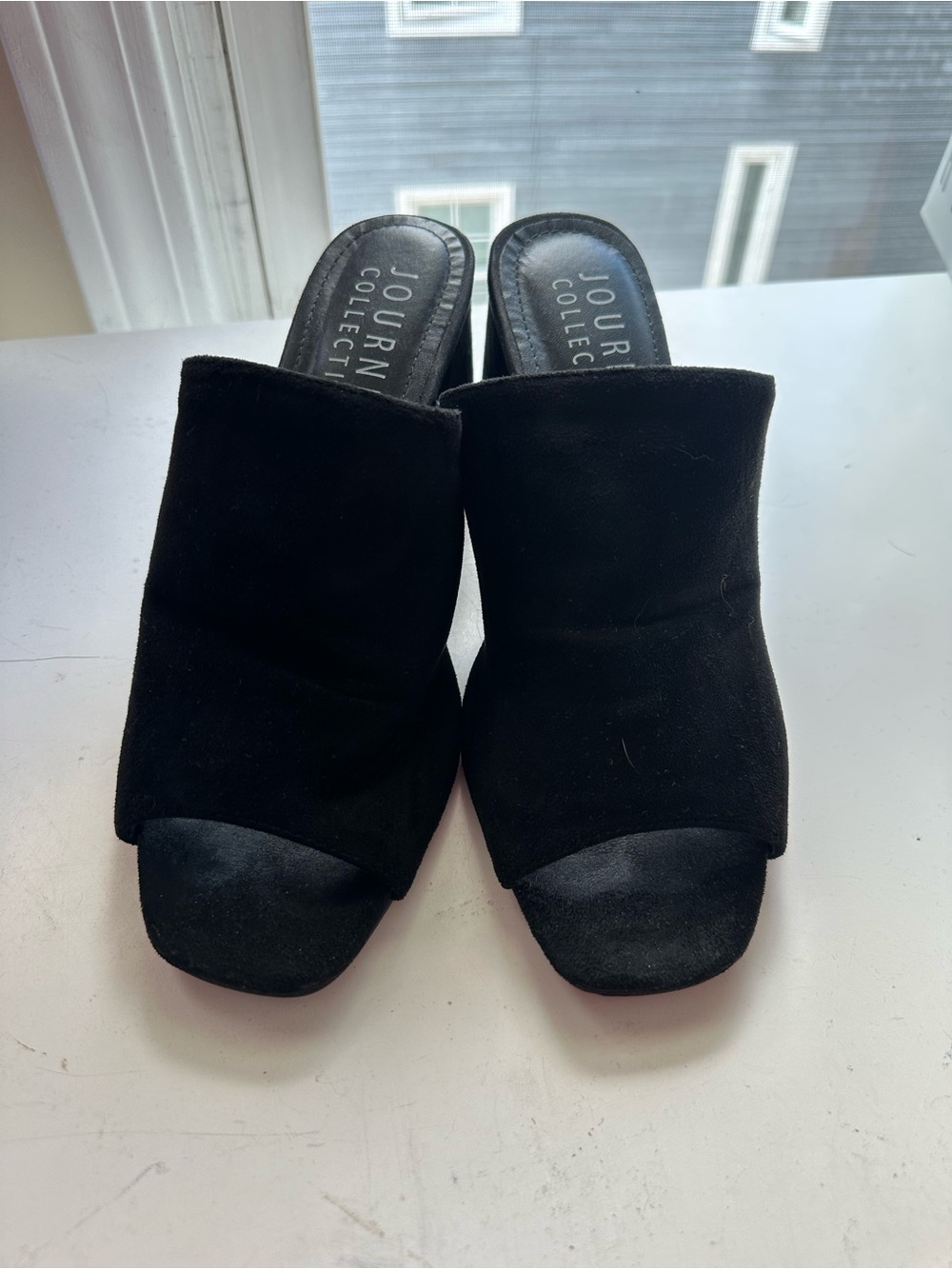 Journee Collection Black Suede Open-Toe Block Heels
